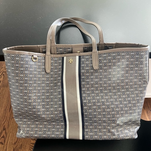 Tory Burch Gray Geometric Tote Bag Grey Leather Trim Purse Print Handles Pocket - Picture 13 of 13